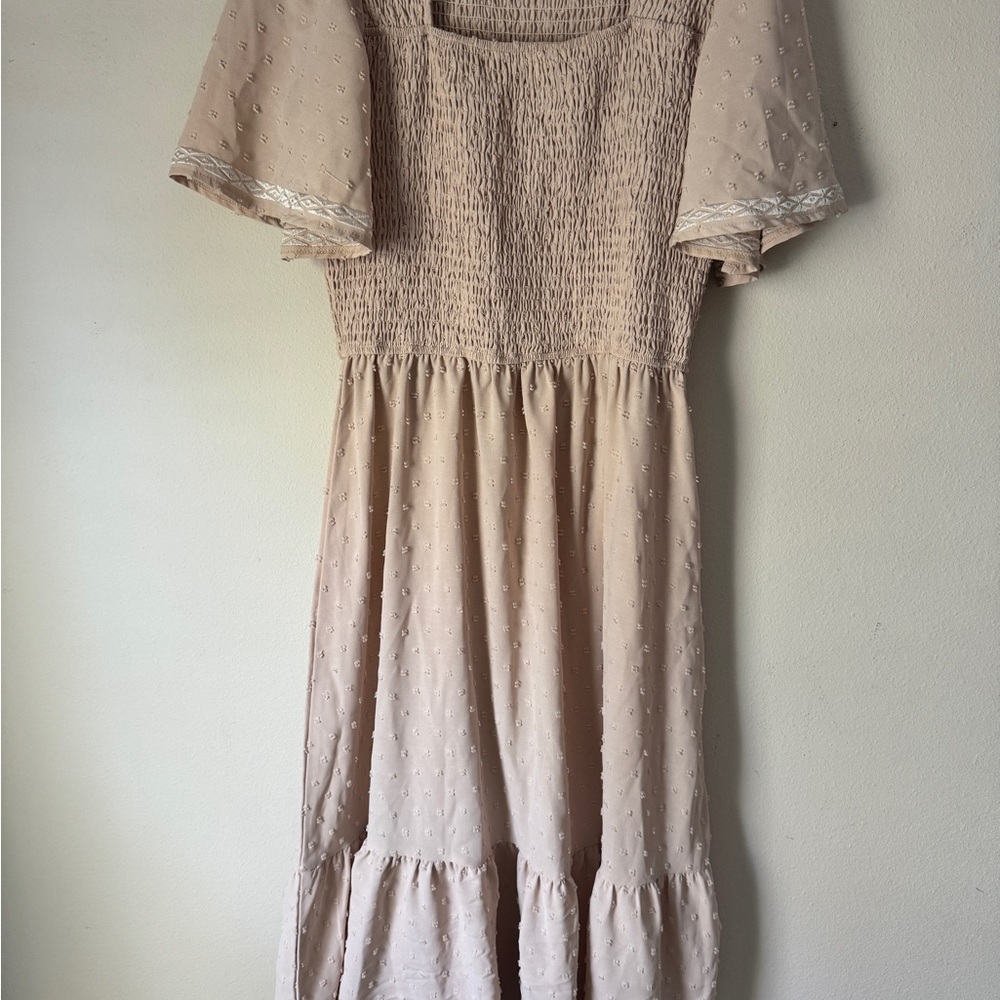 Cream Smocked Dress with Embroidered Details